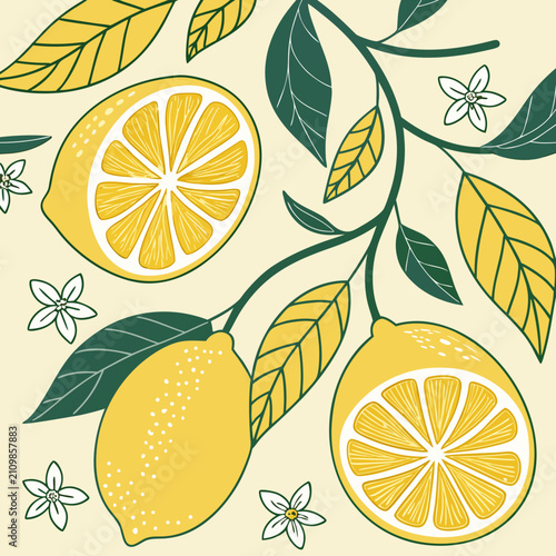 Hand-drawn lemon branches with flowers and leaves, repeating pattern of fresh citrus fruits and floral elements. Decorative vector illustration, summer garden theme.