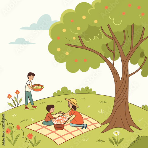 Mother and son harvesting fruit under large tree in orchard garden during bright summer day with basket of oranges on picnic blanket and blooming flowers in background.