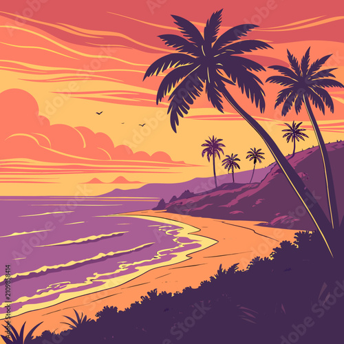 A vibrant sunset illuminates a tropical beach with palm trees swaying gently, waves breaking softly on the shore, and distant mountains under an orange sky.