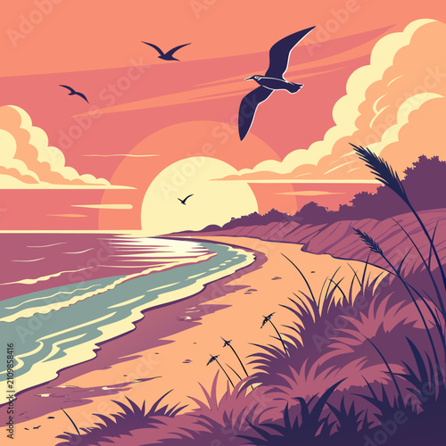 Serene beach sunset with calm ocean waves, silhouetted seagull flying above and tall coastal grass in foreground, warm orange sky.