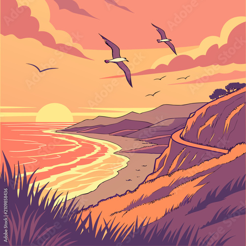A picturesque coastal road winds along cliffs overlooking a sandy beach at sunset, with birds soaring above and rolling hills in the distance.