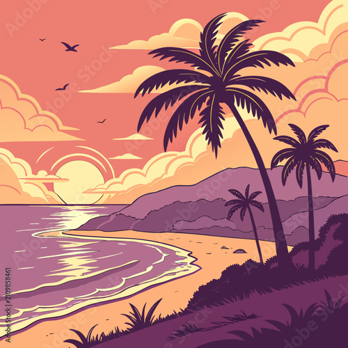 A breathtaking tropical sunset over a calm ocean bay, with swaying palm trees on a sandy beach and rolling hills in the serene background.