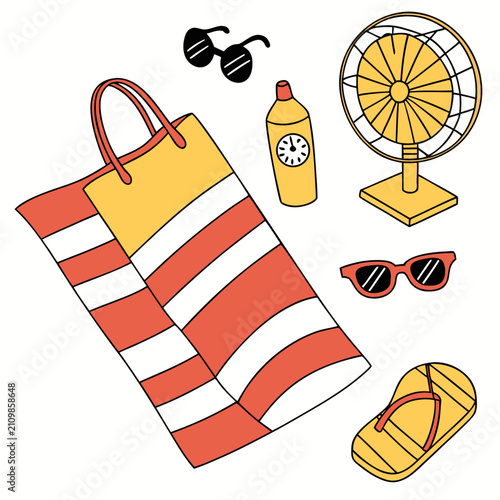 Beach bag and summer equipment collection featuring portable electric fan sunglasses flip flop and sunblock bottle on white background for holiday travel preparation.
