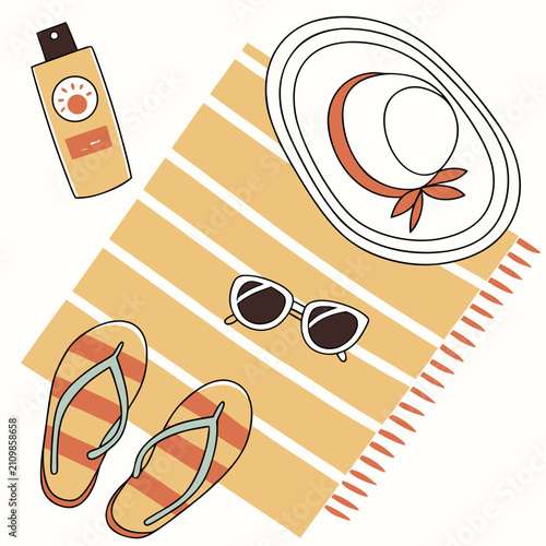 Summer vacation essentials flat lay featuring striped towel sun hat sunglasses sunscreen and flip flops for beach holiday accessories arrangement vector illustration.