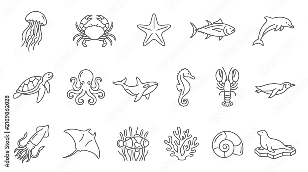 Obraz premium Set of diverse ocean life line icons featuring sea creatures like jellyfish, crab, starfish, dolphin, turtle, octopus, whale, seahorse, lobster, penguin, squid, stingray, and clownfish