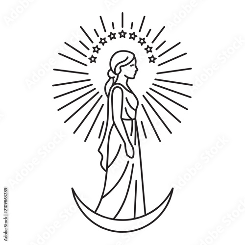 Fotografie Virgin Mary standing on crescent moon with crown of stars and sun radiance in mi