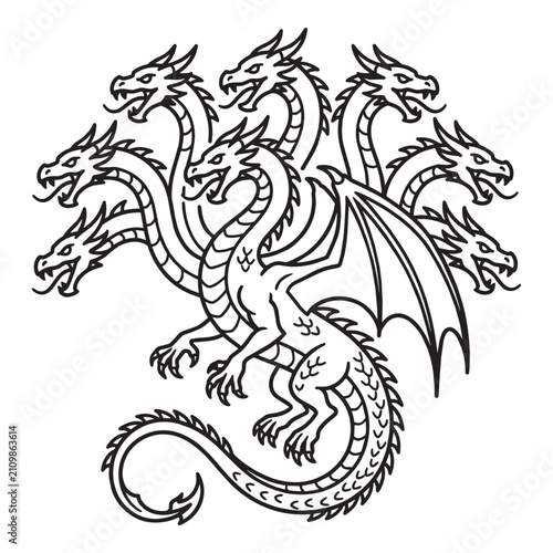 Obraz na plátně Seven headed dragon biblical beast of revelation mythical hydra monster black an