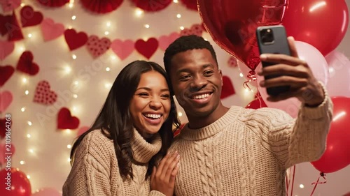Happy multicultural couple taking a selfie during a romantic Valentine's Day celebration with heart decorations and balloons. Love, happiness, relationship, lifestyle and holiday concept.