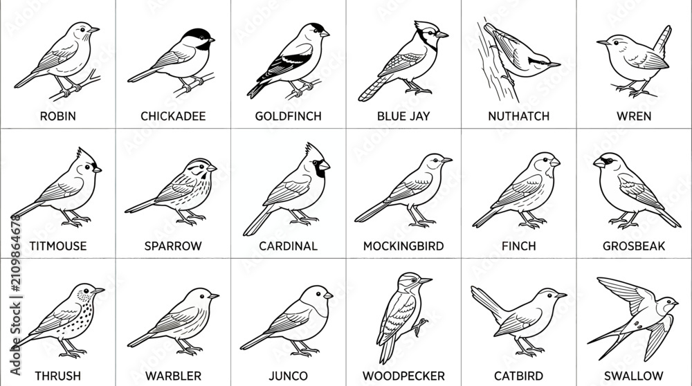 Fototapeta premium Educational collection of various North American bird species illustrations featuring robin, cardinal, blue jay, and woodpecker in a clean black and white line art style for design projects