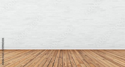 Empty Room with White Brick Wall and Wooden Floor in Minimalistic Style