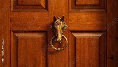 Foto Bronze Horse Head Door Knocker - Wooden Door Close-Up, Warm Tones