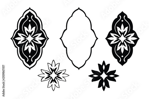 Set with hand drawn floral elements. Black silhouette. Isolated vector illustration on white background.
