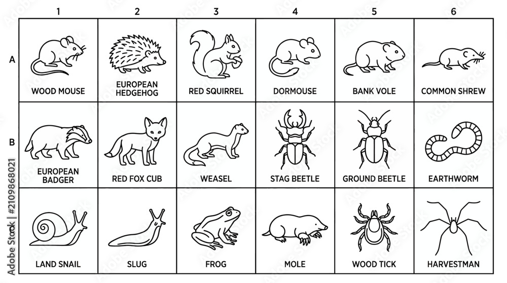 Fototapeta premium Collection of various small forest animals and woodland creatures presented in a simple black and white line art illustration grid for educational and icon design purposes