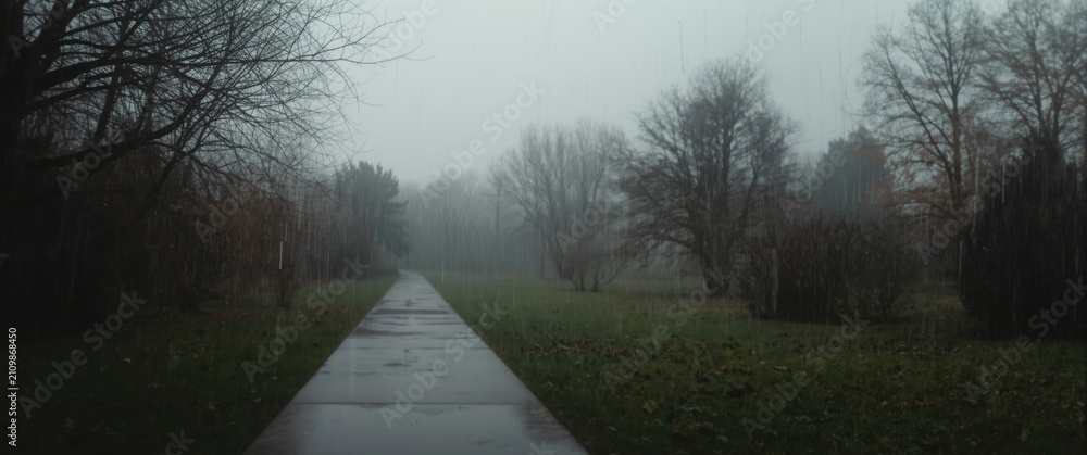 Naklejka premium rain soaked park with gloomy abstract backdrop for seasonal theme