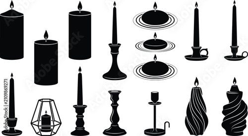 Foto Collection of black candle silhouettes featuring various shapes, sizes, and hold