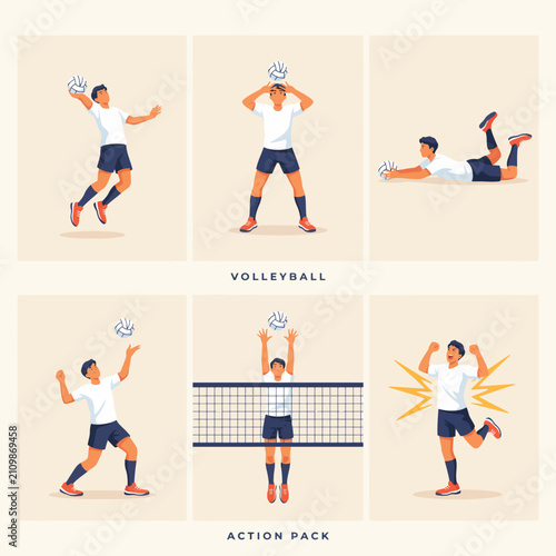 Of volleyball action pack with players serving, passing, and spiking sports athlete serve
