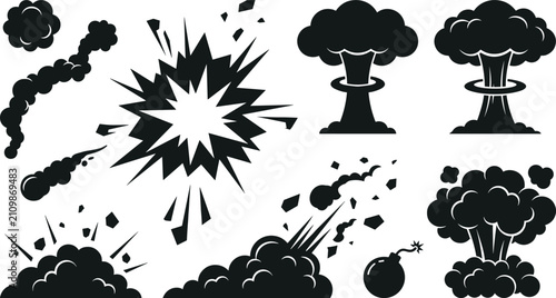 Obraz na płótnie Black Explosion and Blast Silhouette Vector Icon Set Featuring Detonation Bursts
