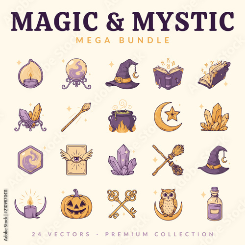 Set of mystical and magical symbols, and in purple and gold tones magic symbols mystical purple and gold