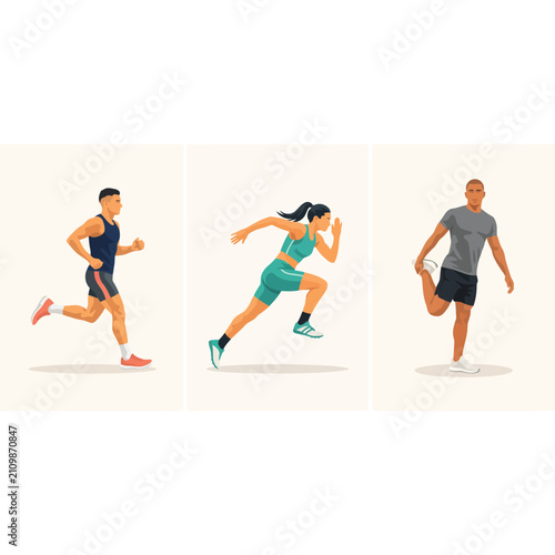 Three people running on a white background, flat jogging exercise fitness