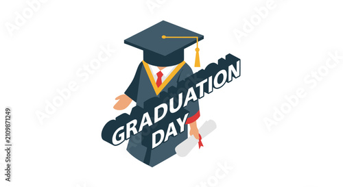 Isometric graduate figure with graduation day text
