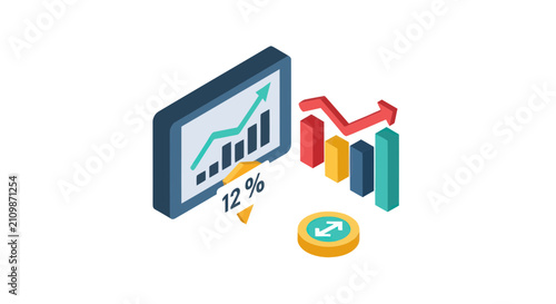 Isometric financial data dashboard with rising charts and arrows