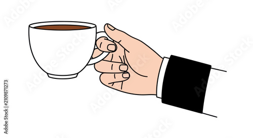 Businessman hand holding white coffee cup in formal suit