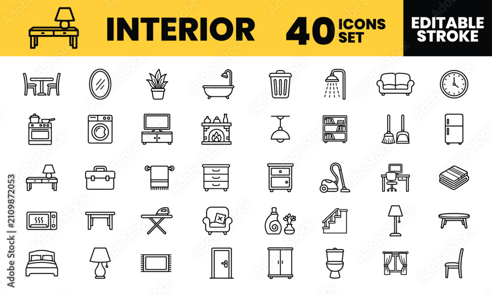 Obraz premium Comprehensive set of forty professional interior and furniture line icons for decorating a cozy home with bright clean lighting.