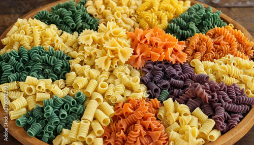 Foto Large wooden bowl filled with colorful variety of raw pasta shapes including rot