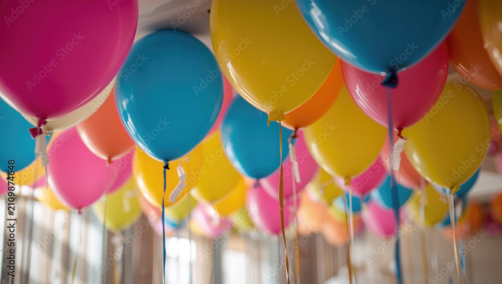 Fototapeta premium Colorful Balloons Hanging From Ceiling in a Bright Celebration Atmosphere
