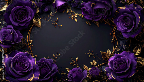 深紫のバラとゴールド装飾が彩る高級ゴシックフラワーフレーム黒背景
Luxurious deep purple rose frame with elegant gold accents on a black background