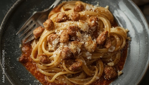 Fotografie Pasta Dish with Sausage and Cheese on a Dark Plate