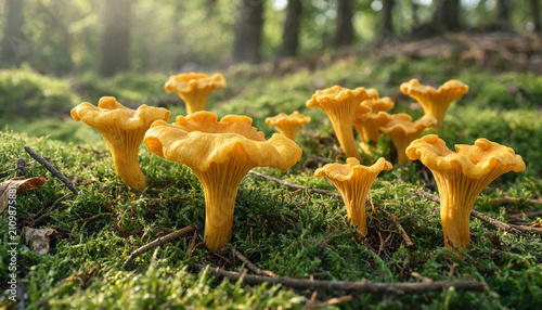 Cuadro en lienzo A group of fresh yellow chanterelle mushrooms growing on green moss in a forest