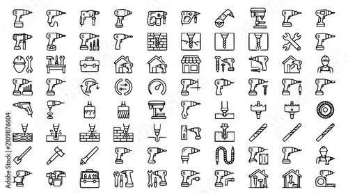 Minimal Drill Outline Vector Icon Set for Power Tools Construction and Home Repair
