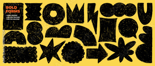 Hand drawn abstract bold shapes collection vector. Brutalist geometric forms set, crayon texture black silhouettes, naive design elements, stars and arrows isolated on yellow background.
