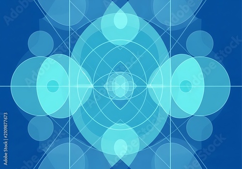 Abstract Geometric Blue Background with Circular and Linear Patterns Creating a Symmetrical Design