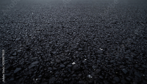 Close-up, low-angle view of a dark, textured asphalt road surface, showing granular details and a subtle sheen.