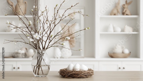 Fotografía Decorative Spring Branches with White Flowers in a Glass Vase and Nest of Eggs o