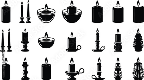 Fotografía Various black candle silhouettes featuring bowls, holders, and pillar shapes iso