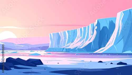 Sunset over icy glacier and frozen ocean landscape.