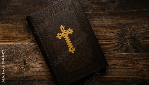 Photography Leather Bound Bible with Gold Cross on Rustic Wooden Surface