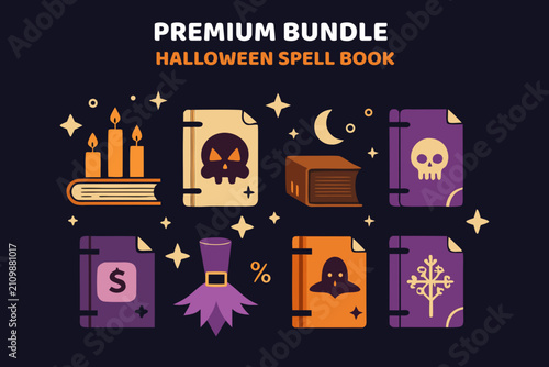 Halloween spell book collection, set of vector icons featuring magical grimoires, candles, and spooky symbols for festive design elements