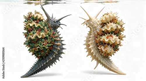 Two prehistoric imaginary marine snails