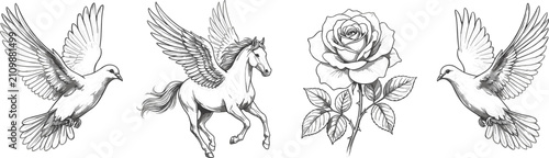 Obraz na płótnie Vintage sketch style vector elements featuring flying doves pegasus horse and ro
