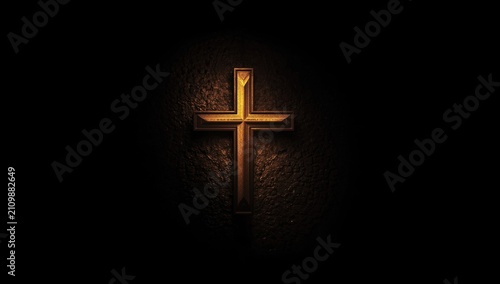Canvas Print Cross Illuminated on Dark Wall in Soft Warm Light