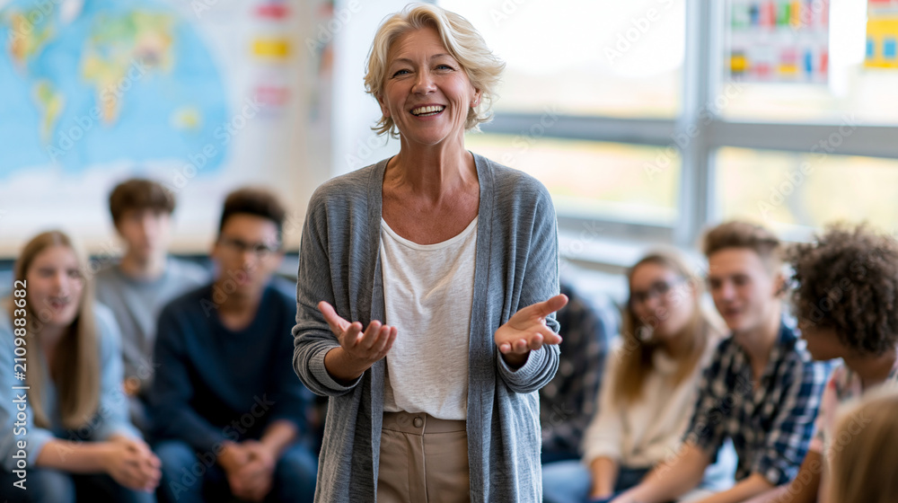 Obraz premium In a brightly lit modern language classroom, a female teacher in her 50s with short blonde hair stands at the front smiling warmly while leading a speaking activity, wearing a smar