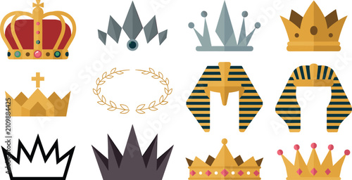 Tableau sur toile Royal Crown and Headdress Icon Set Featuring Egyptian Pharaoh Nemes Laurel Wreat