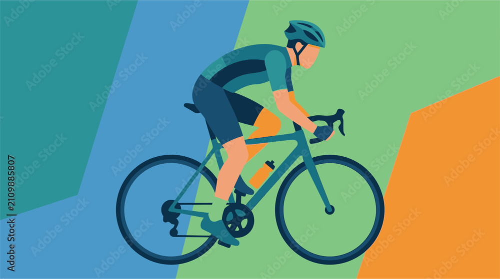 Fototapeta premium Professional cyclist pedaling a bicycle on a road during a workout, side view of male athlete in sports gear riding a bike, vector illustration on white background, cycling race concept.
