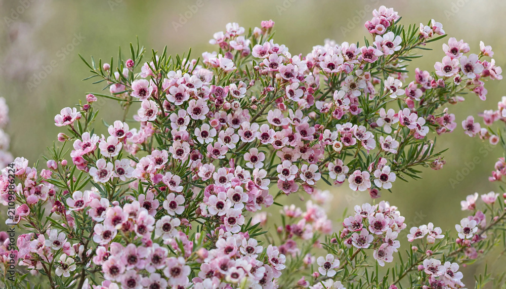 Obraz premium A blooming branch of pink waxflower with small delicate petals and dark centers against a soft blurred natural green background