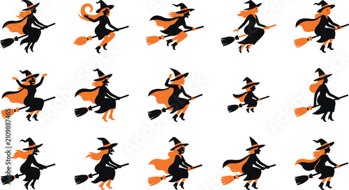 Konstfotografi Collection of various cartoon witch characters flying on broomsticks for creativ