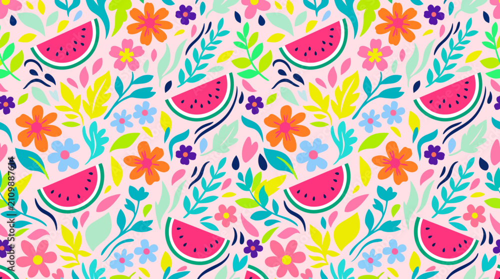 Fototapeta premium Seamless summer pattern with watermelon slices and colorful floral leaves on bright pastel background